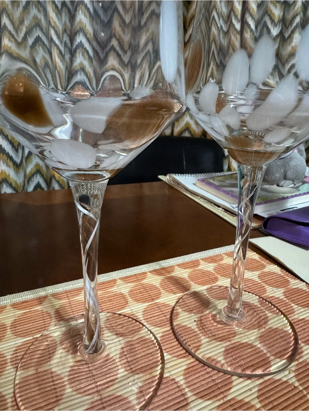 Hand-Blown Clear Wine Glasses with White and Gold Detail - Set of 2